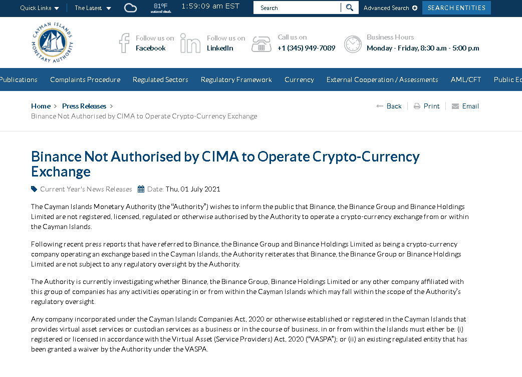 暗号資産取引所のバイナンス、ケイマン諸島に本社登録してあるが暗号資産取引を許可されていない