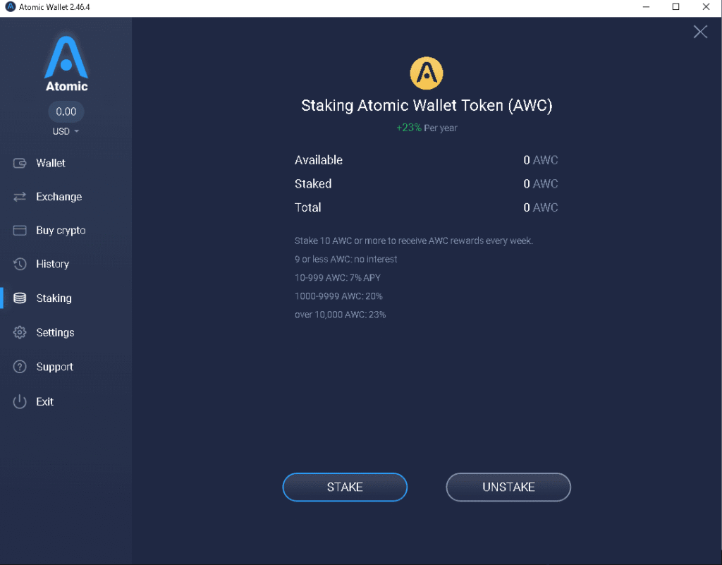 Atomic wallet token stake黄色 AWC のステーク、黄色アイコン AWC のステーク