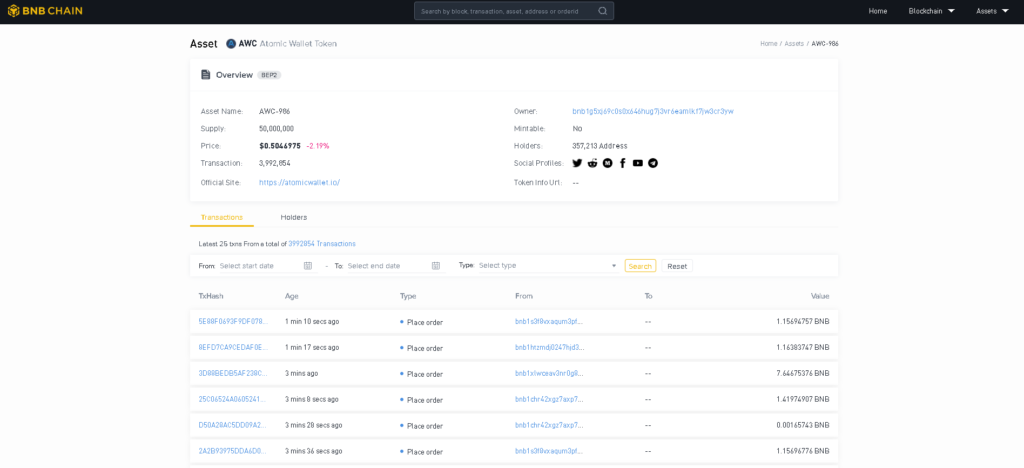 BNBチェーン　エクスプローラー上のAWC-986,AWC-986 contract address