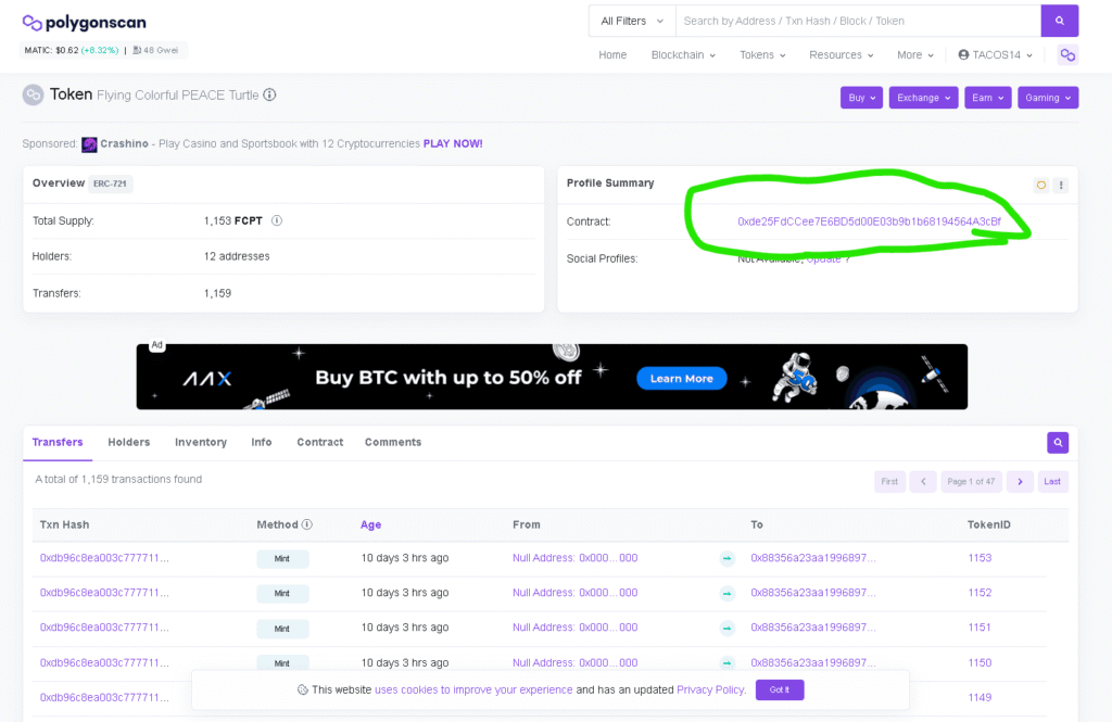 FCPT NFTトークンページ
