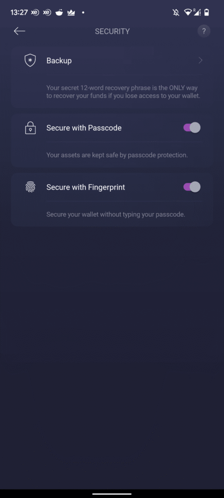exodus エグゾーダスexodus wallet(エグゾーダスウォレット)のインストールと使い方　　モバイル版　セキュリティ設定画面