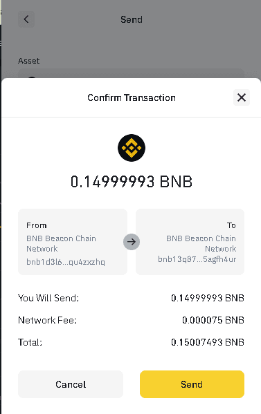 BEP2のBNBを送信　AWC-986はBEP2（Binance Beacon Chain）なのでアドレスとメモが必要
